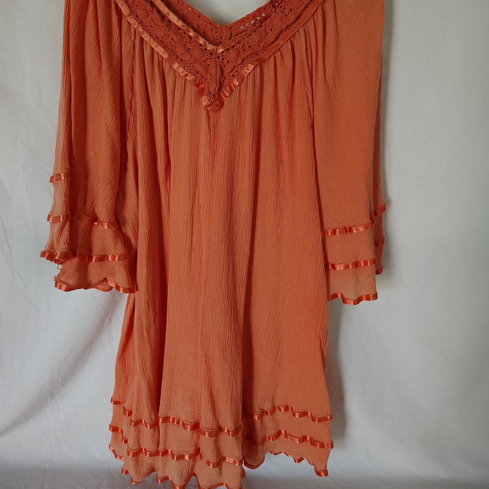 Roaman's Pink Tunic with Ruffled 3/4 Sleeves and V-Neckline